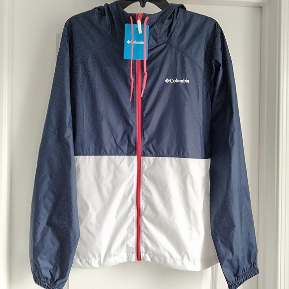 Columbia Jackets & Blazers - NWT XL Columbia Center Ridge Blue and White Colorblock Windbreaker Rain Jacket